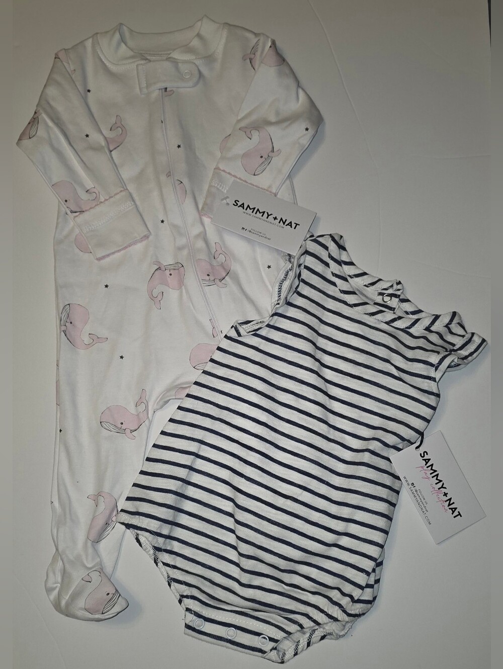 Sammy + Nat Kids Pink Whale Footed Pajama and Navy Striped One Piece 3m
